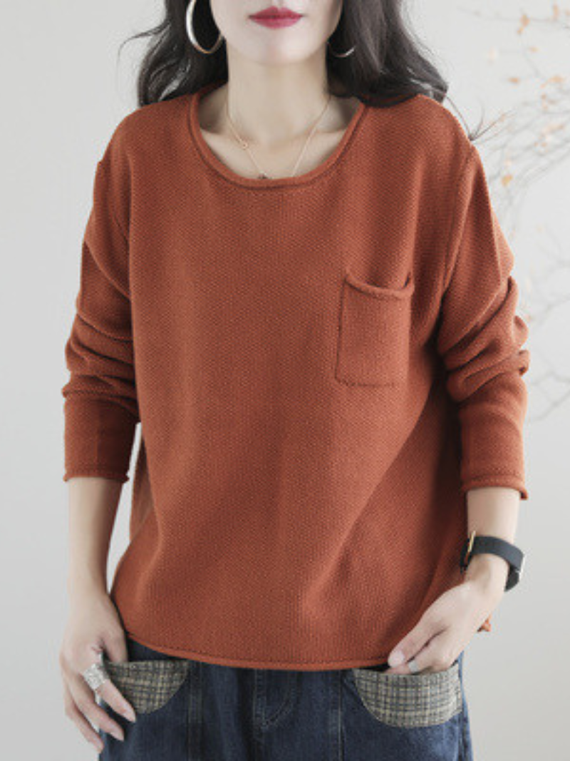 Knitted Small Pocket Solid Color Casual Loose Retro Sweater Top