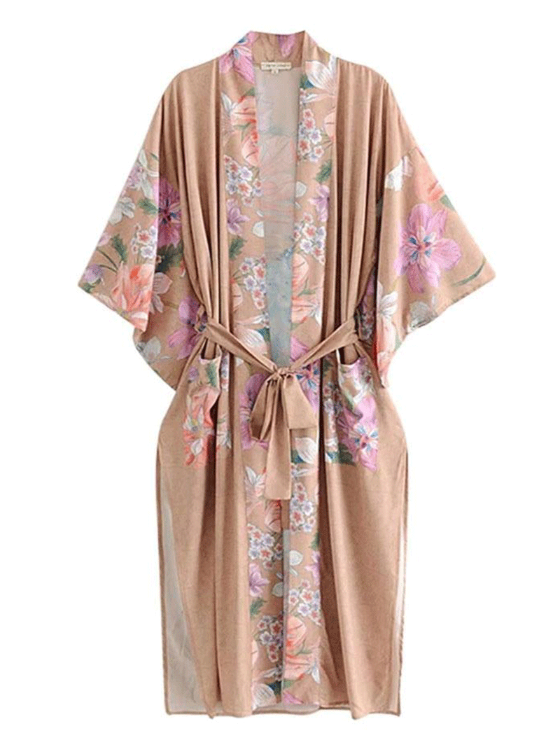 Partywear Cotton, Viscose & Silk Mix Peacock King Floral & Bird Print Camel Color Long Length Gown Kimono Duster Robe - Fashionpara