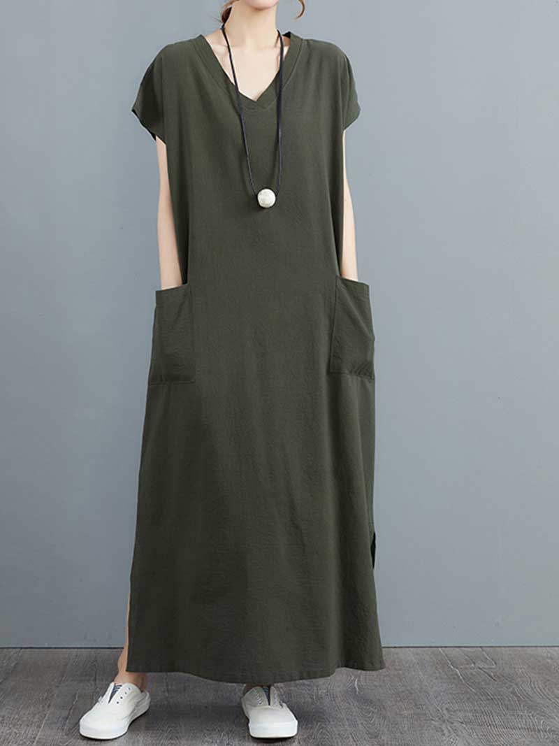 Hemp Material Plain Short Sleeves With Double Side Pocket A-Line Dress - Fashionpara