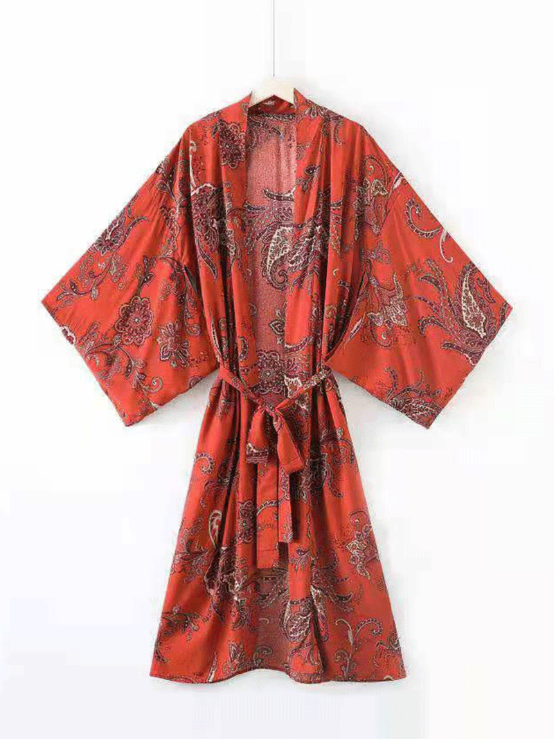 Nightwear Paisley Print Red Color Polyester Long Length Gown Kimono Duster Robe - Fashionpara