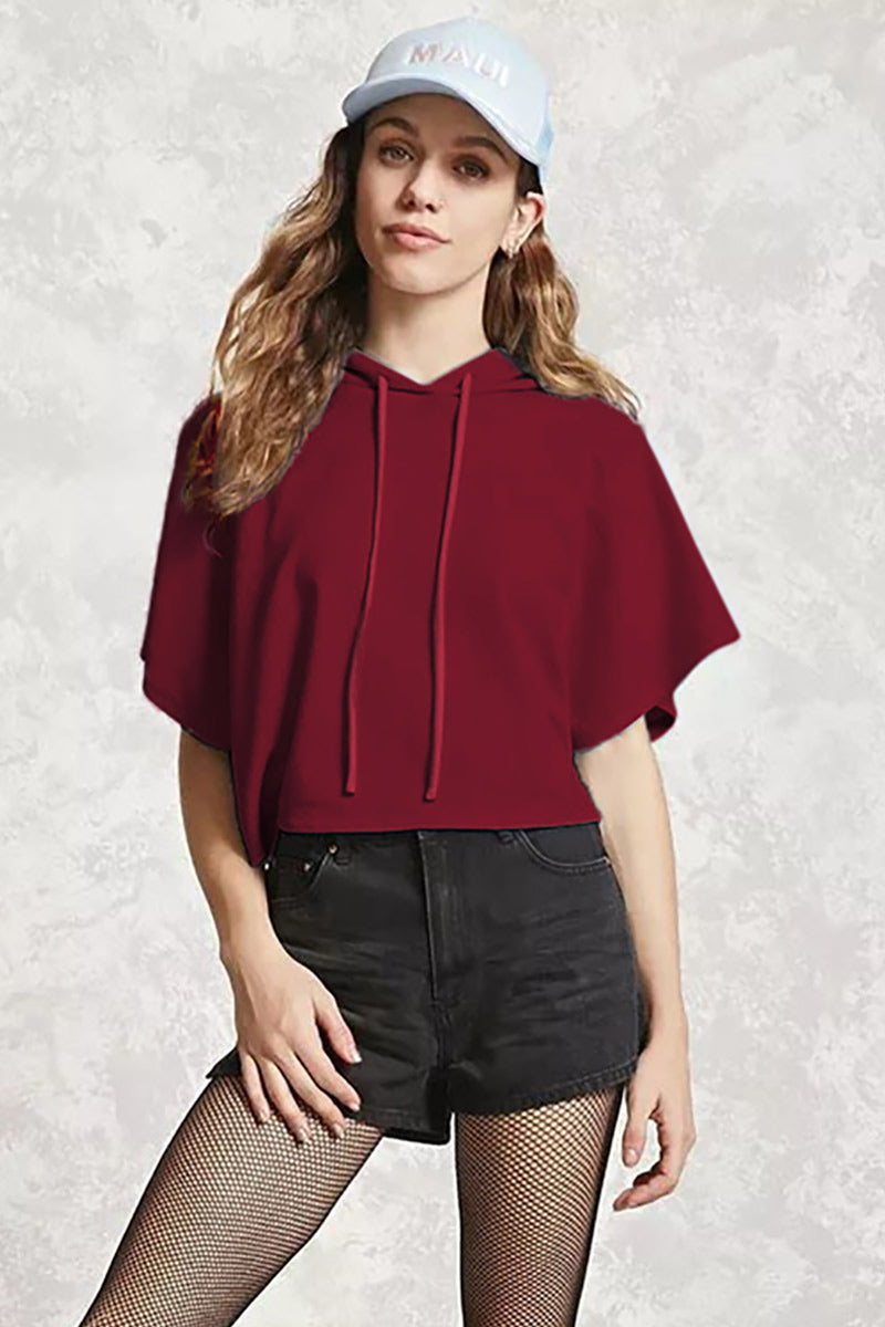 Solid Drawstring Hooded Sweatshirt With Short Sleeves - Mislish