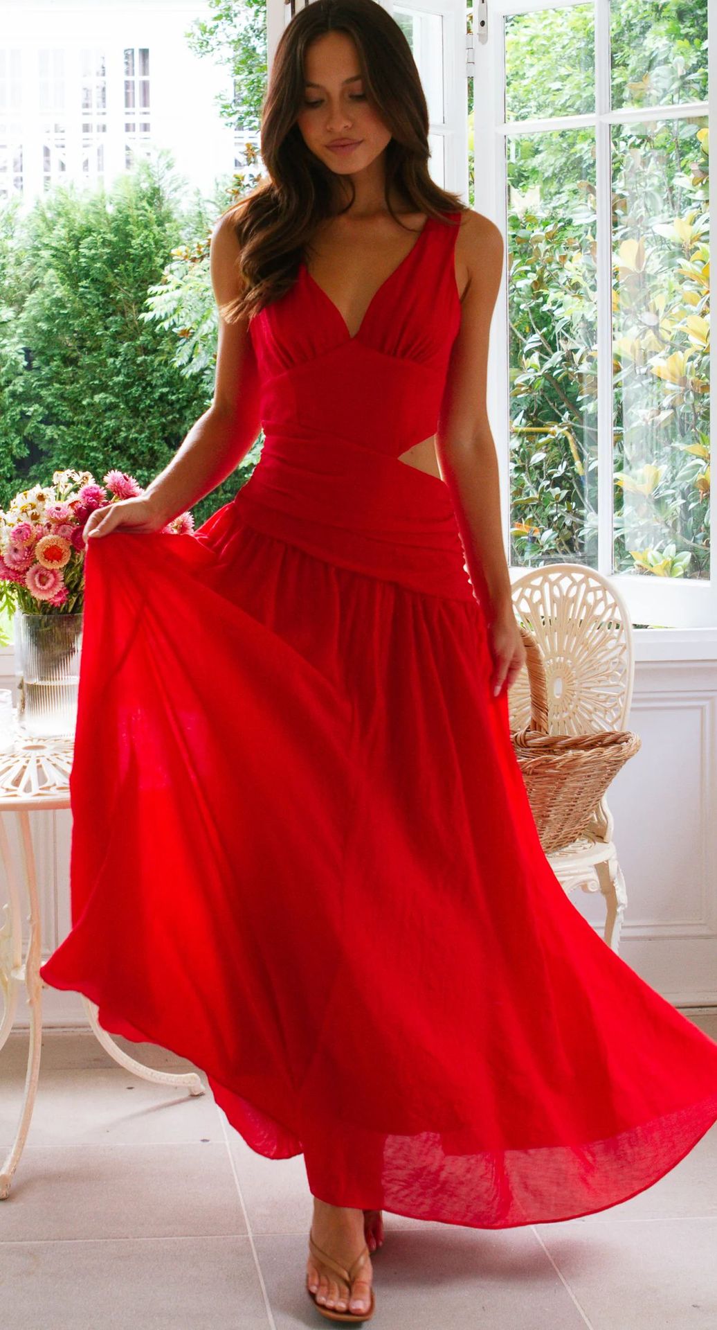 V-Neck Side-Cutout Crossover Waist Flowy Maxi Dress