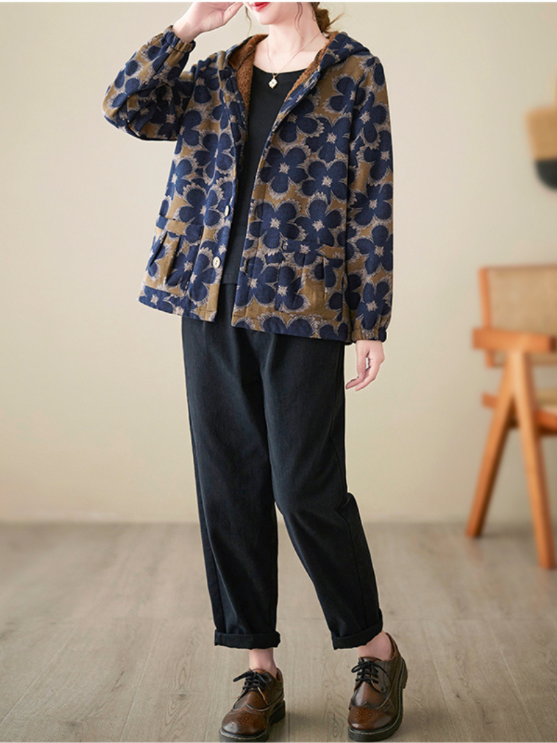 Printed Plus Fleece Velvet Thick Hooded Small Padded jacket - Fashionpara