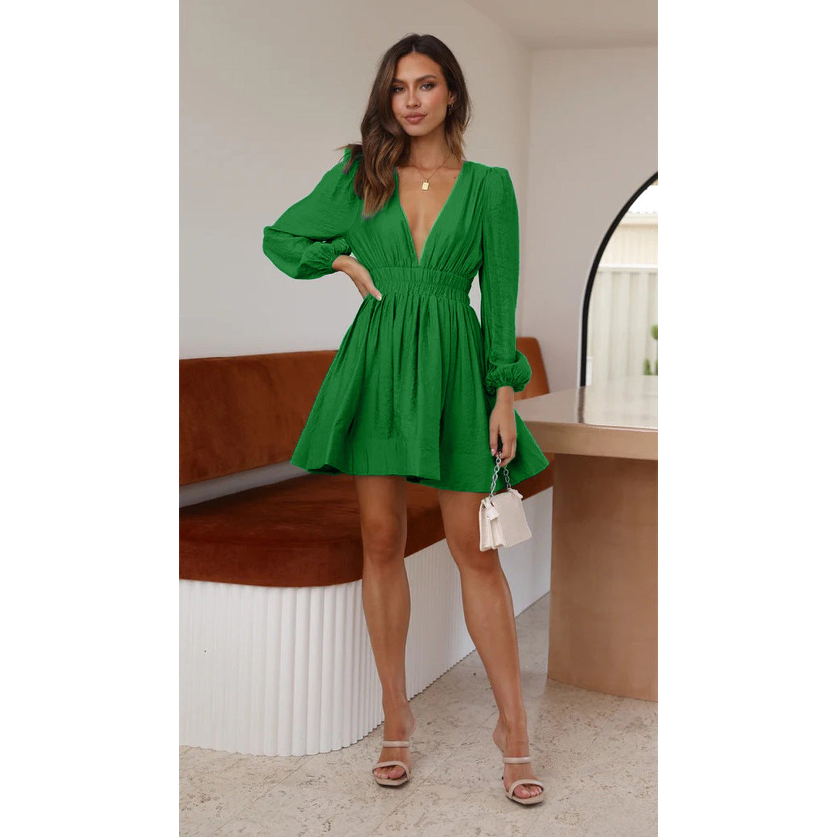 Textured Plunge V-Neck Long-Sleeve Flared Mini Dress