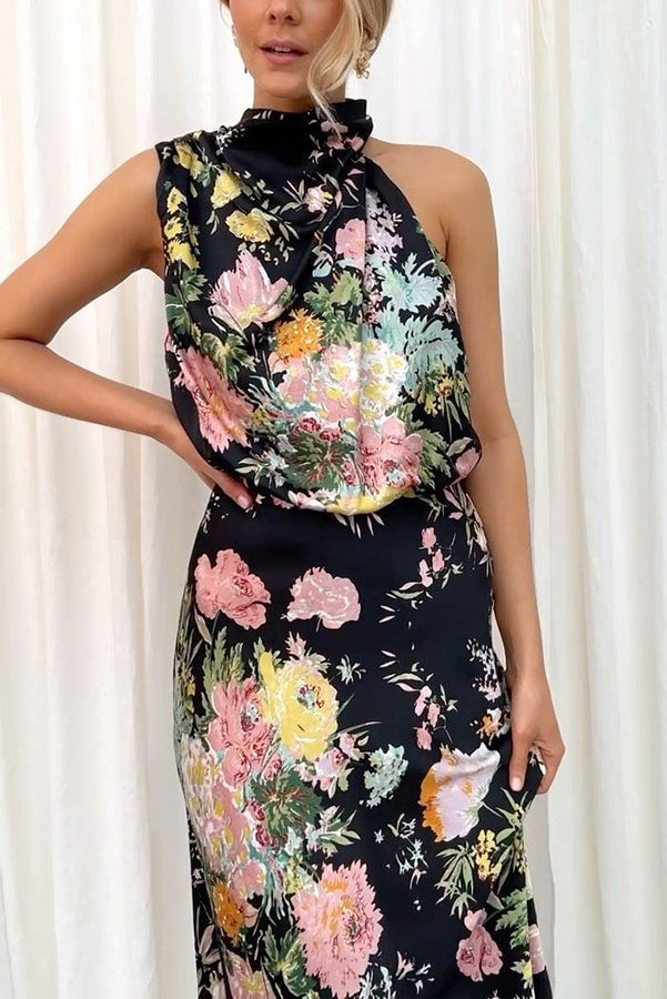 Floral Halter Neck Elastic Waist Maxi Dress - Fashionpara