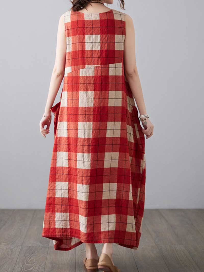 H-line Loose Retro Style Plaid Print Cotton Dress - Fashionpara