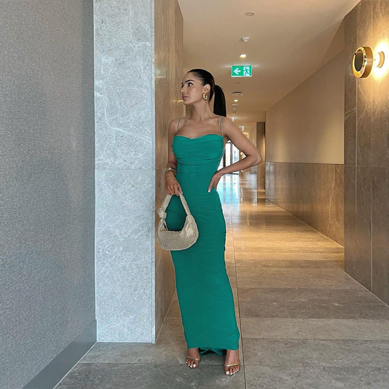 Cowl Neck Spaghetti Strap Ruched Bodycon Maxi Dress