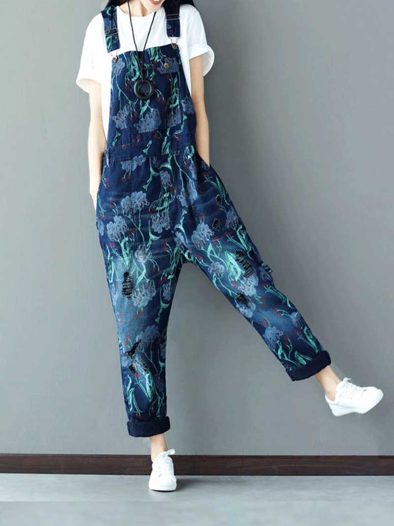 Reality Is Wrong Ripped Printed Straps Denim Overall Dungarees - Fashionpara