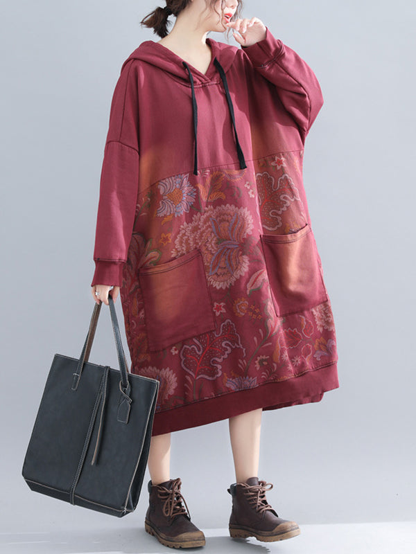 Jo V-Neck Hooded Sweatshirt Floral Prints Shift Dress - Fashionpara