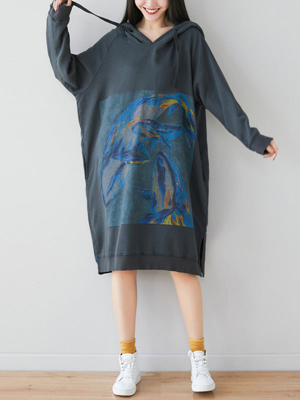 Loose Ethnic Floral Hooded Sweatshirt Dress - Fashionpara
