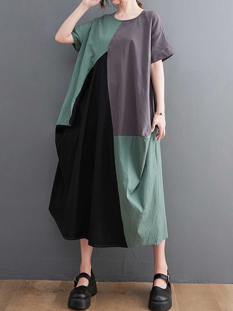 Plain Cotton Short Sleeves A-Line Dress 2