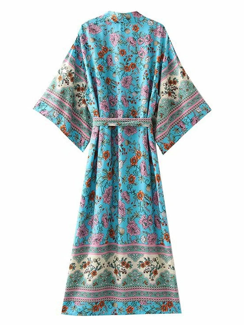 Printed Blue Color Cotton Long Length Gown Kimono Duster Robe 2