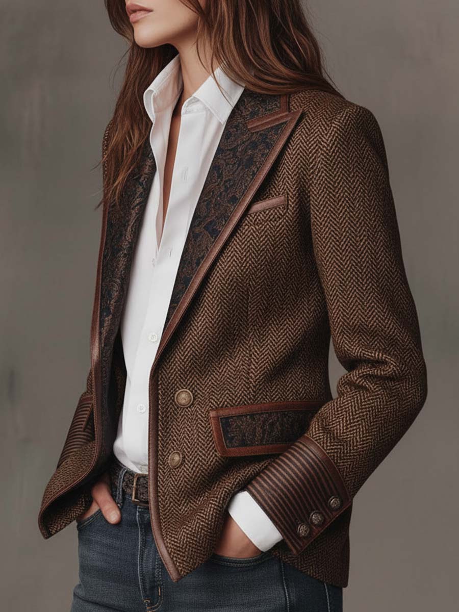 Herringbone Tweed Paisley Panel Faux Leather Trim Blazer 10