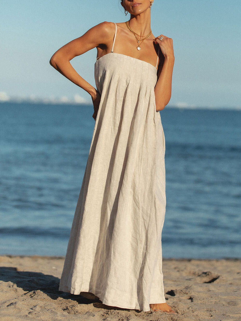 Offshore Pleated Strappy Linen Maxi Dress - Fashionpara