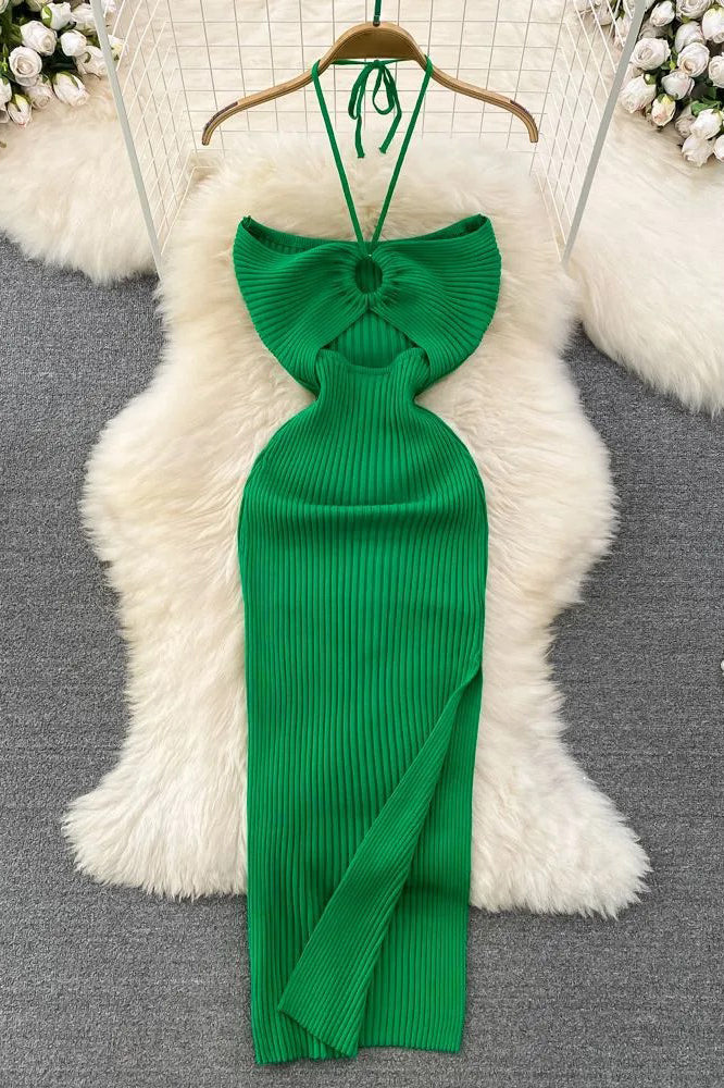 Knitted Strapless Wrap Hips High Split Bodycon Dress