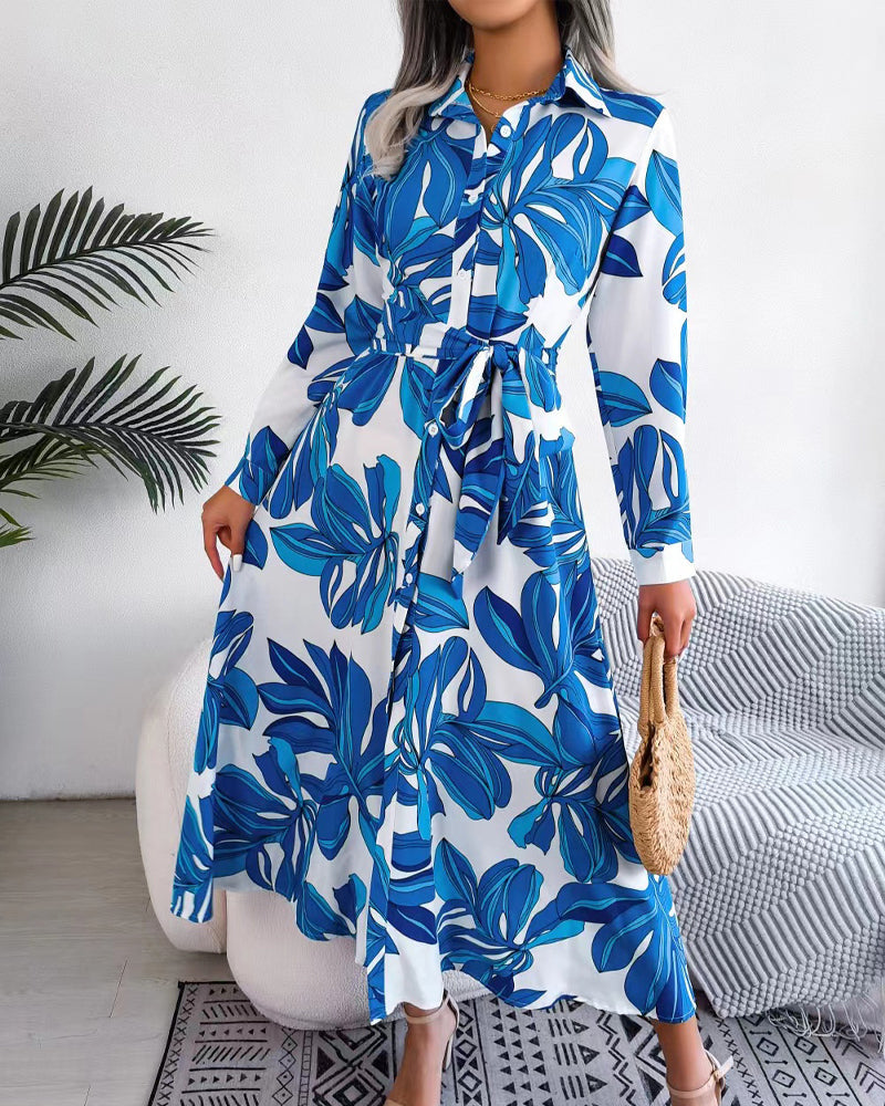 Floral Print Lapel Shirt Dress with Contrast 2
