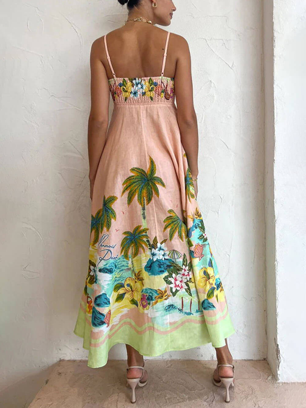 Tropical Print Spaghetti-Strap A-Line Midi Dress 4