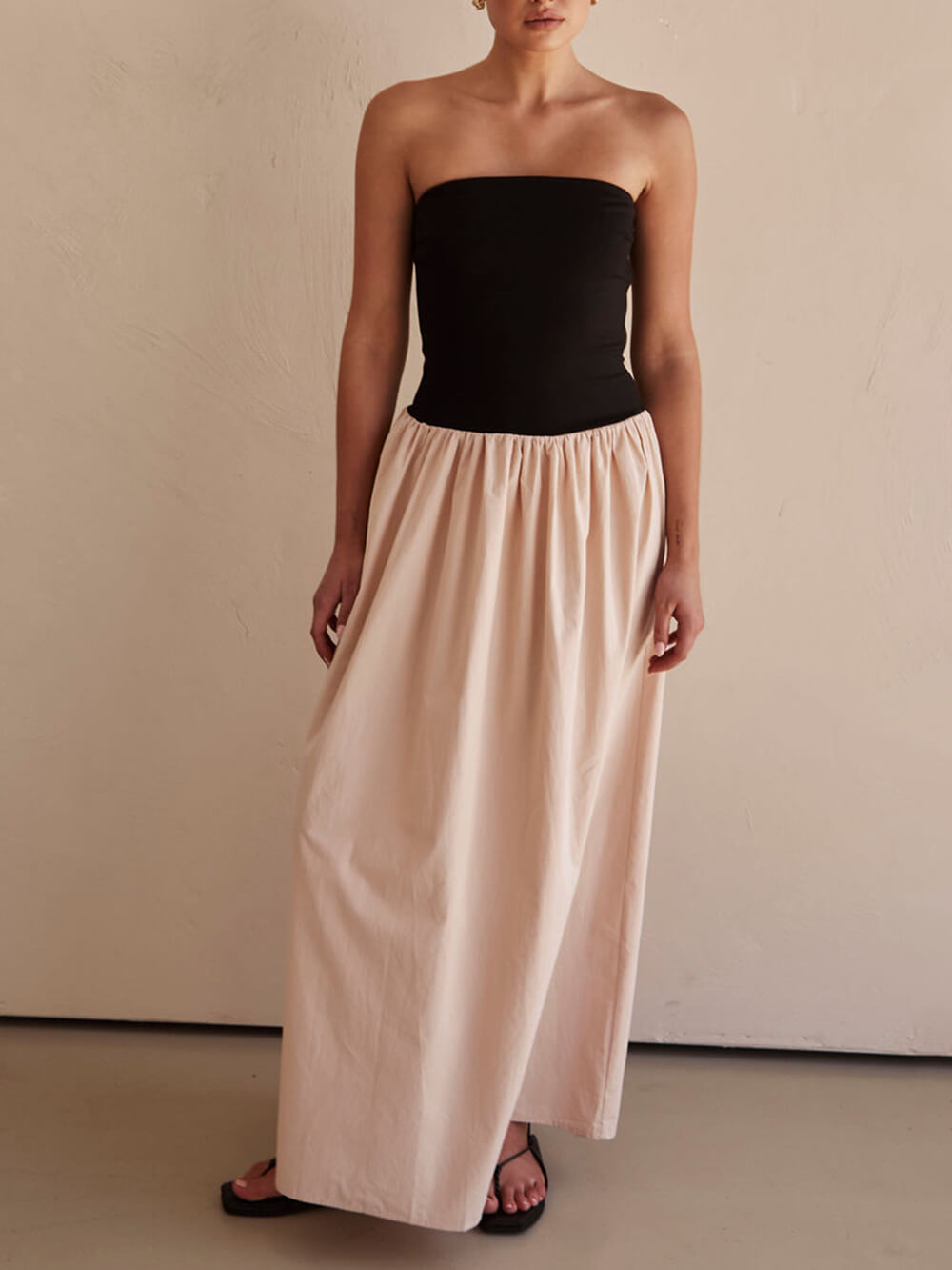Strapless Black And Charming Sand Paneled Maxi Dress Beige / S Dresses