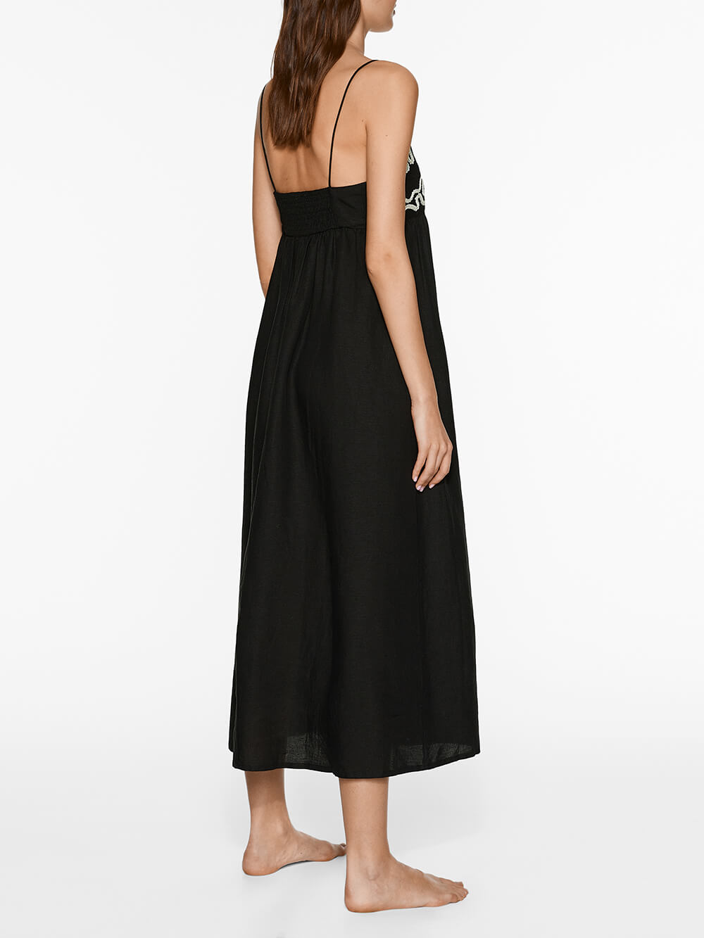 Classic Linen Floral Patchwork Suspender Midi Dress - Fashionpara