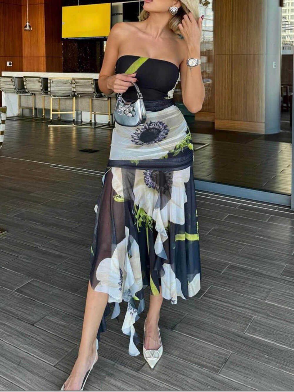 Mesh Overlay Floral Print Off Shoulder Ruched Ruffles Stretch Midi Dress - Fashionpara