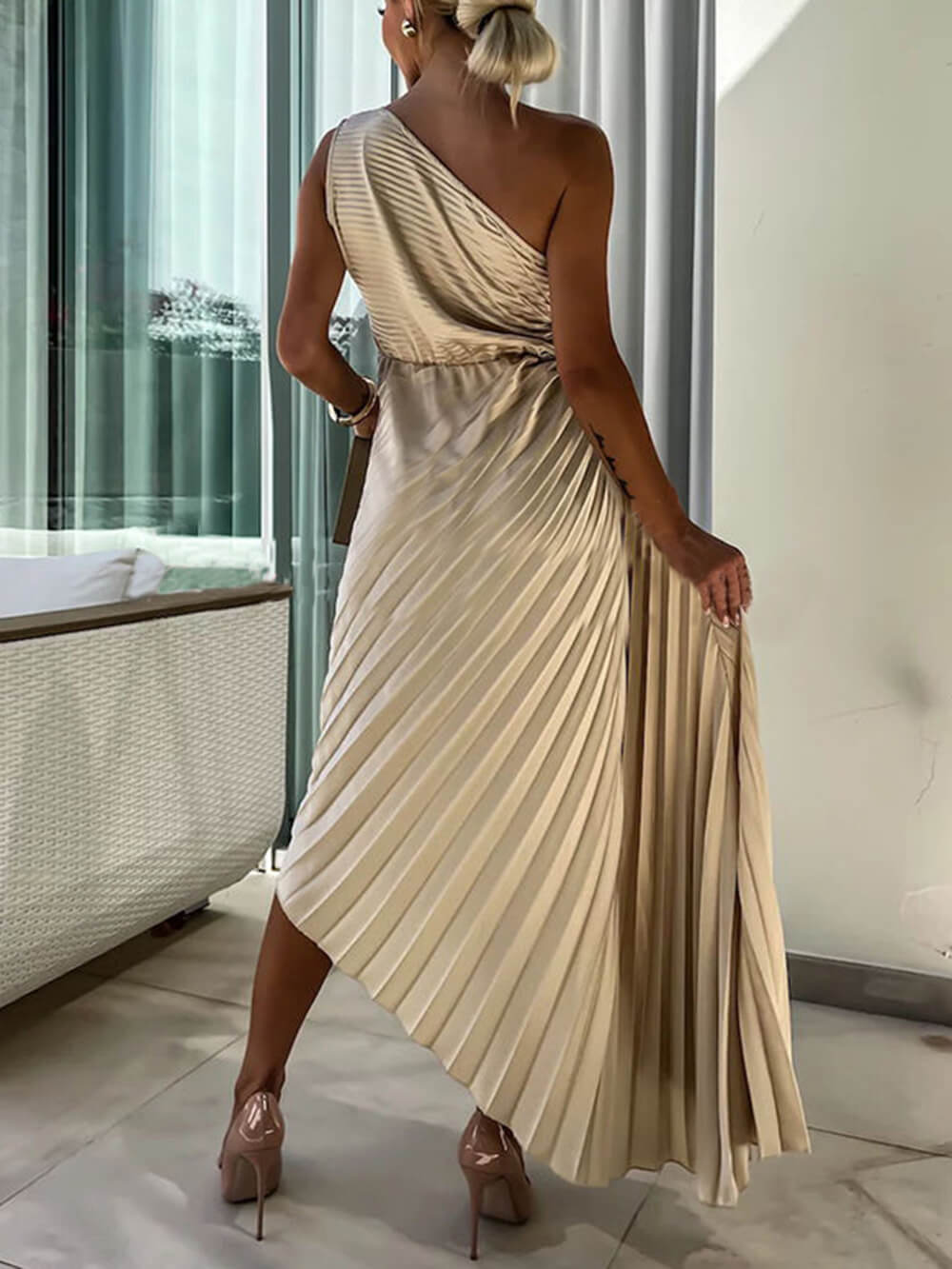 Romantic Night Guilloche Stretch Hollow One Shoulder Pleated Maxi Dress - Fashionpara