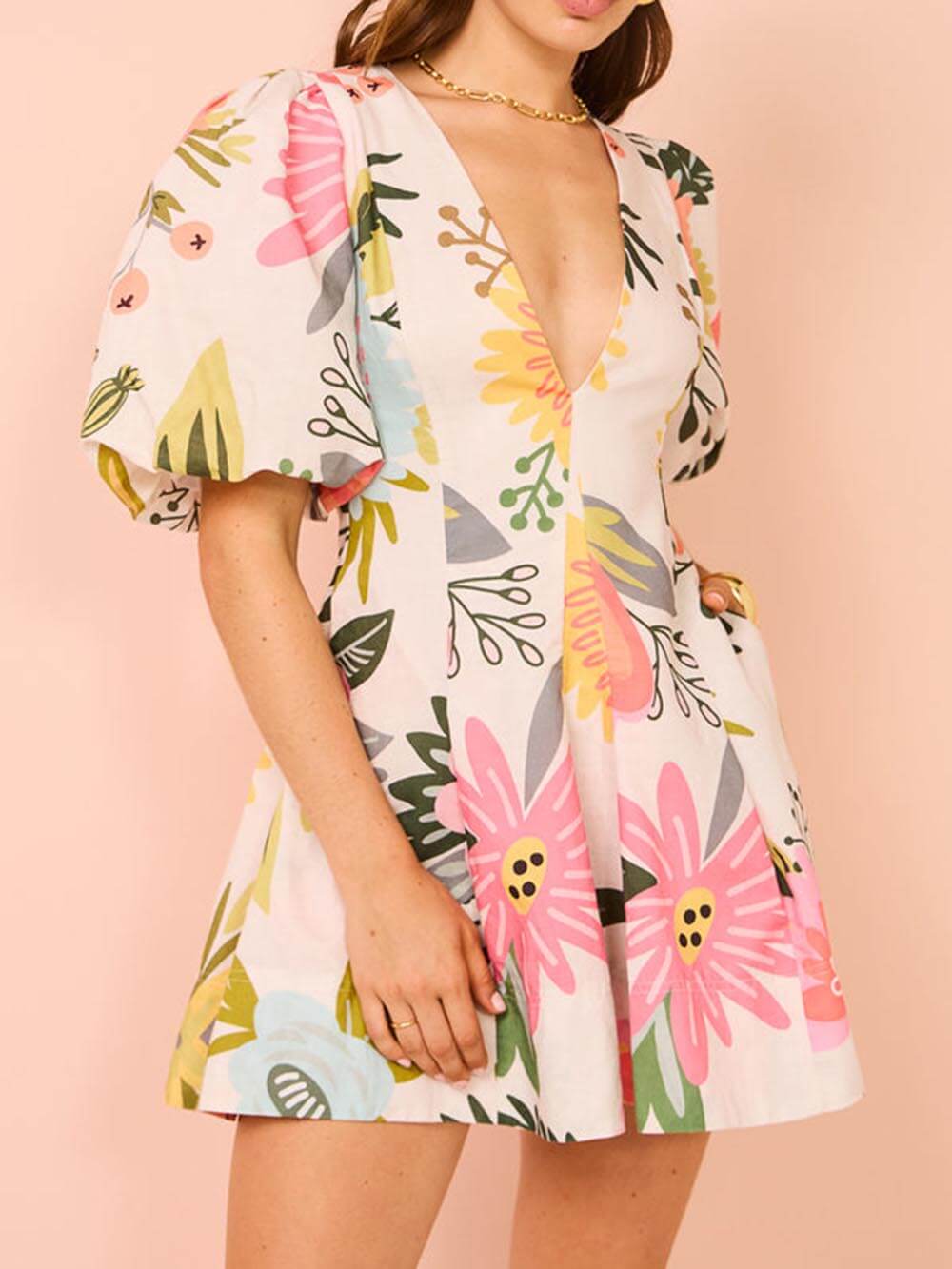 Floral Print Puff Sleeve Pocketed Mini Dress - Fashionpara