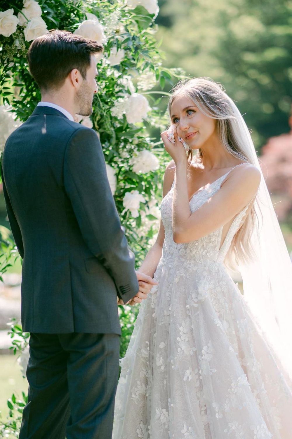 Gorgeous A Line V Neck White Long Bridal Dress with Appliques - Fashionpara