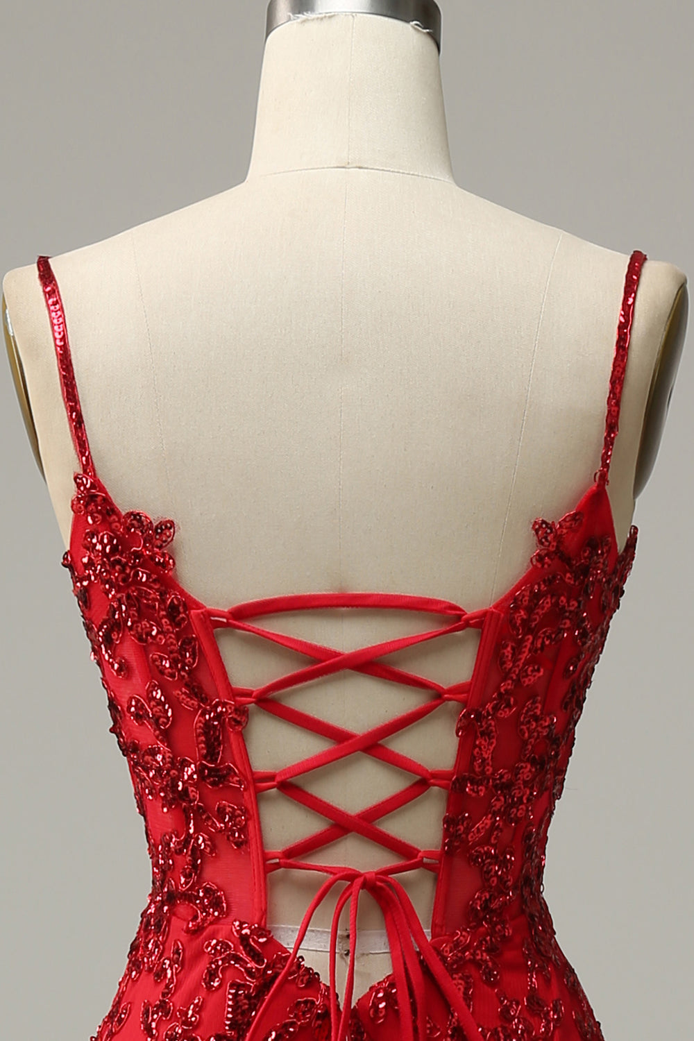 Mermaid Spaghetti Straps Red Sequins Long Prom Dress with Split Front - Fashionpara