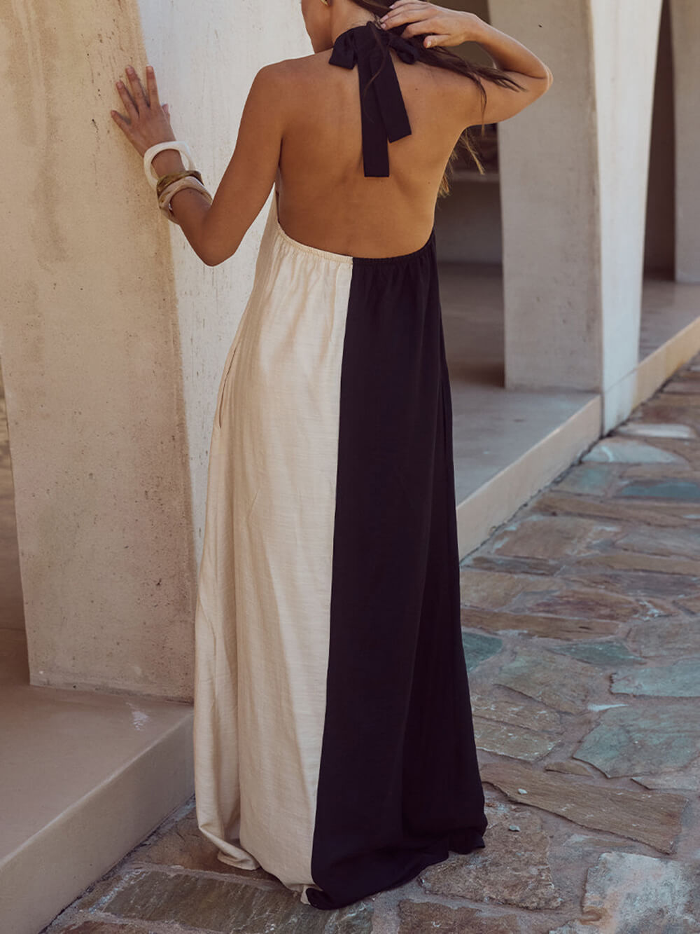 Hanging Neck Bold Contrast Color Halter Pocketed A-Line Maxi Dress - Fashionpara