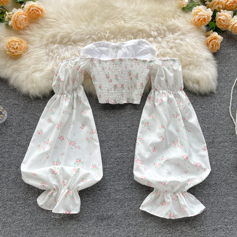 Strapless Floral Blouse Elastic Ruched Slim Long Sleeve Tops Off Shoulder Short Blouser - Fashionpara