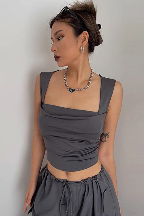 Sleeveless Pleated Suspender Square Collar Vest Tank Top