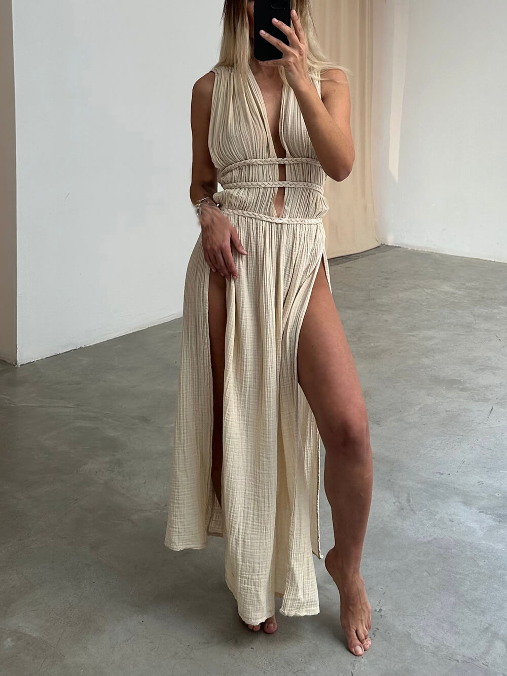 Boho Braids Belt Cutout Slit Kaftan Maxi Dress - Fashionpara