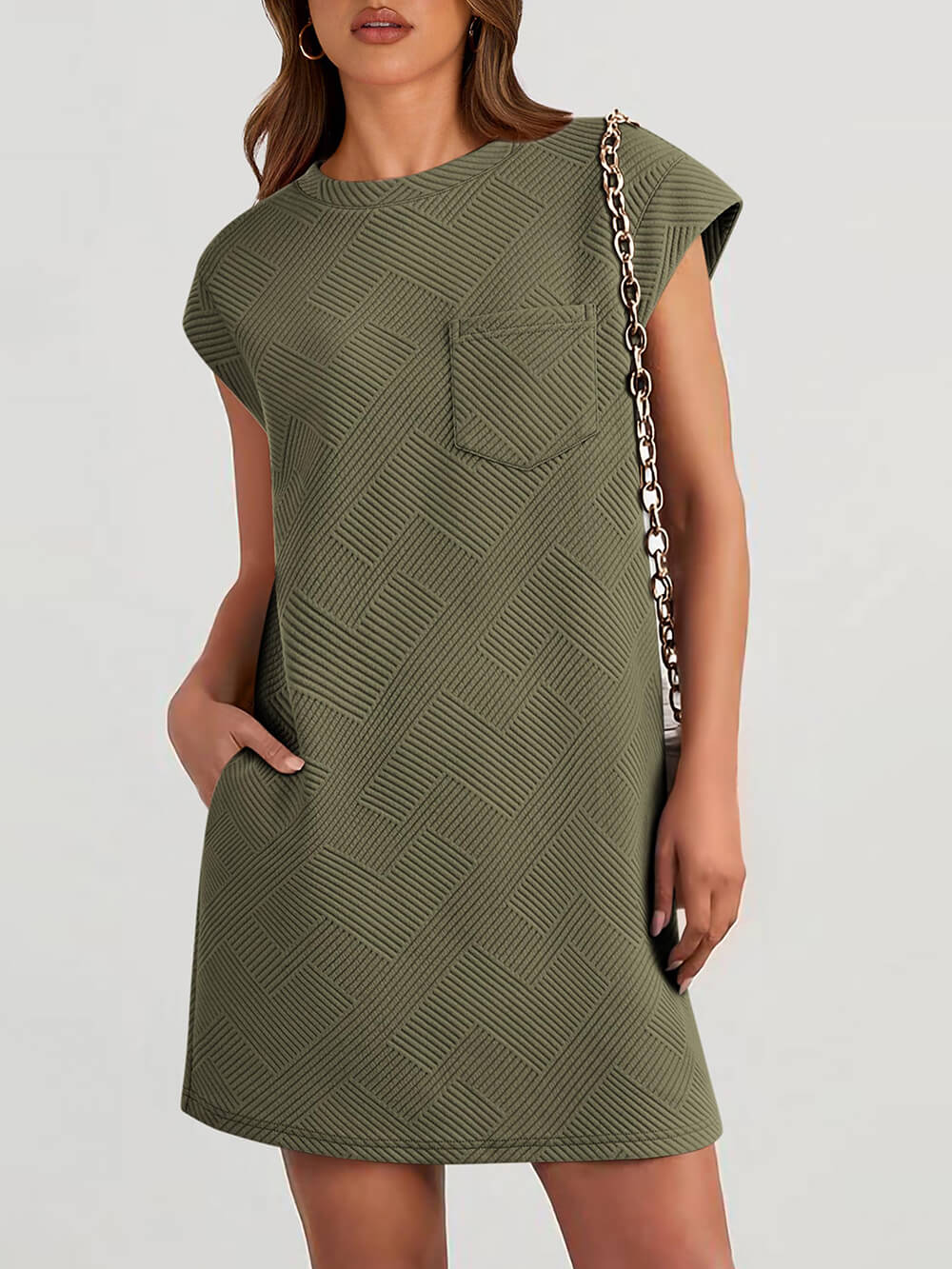 Cap Sleeve Crew Neck Casual Loose Basic Mini Dress - Fashionpara