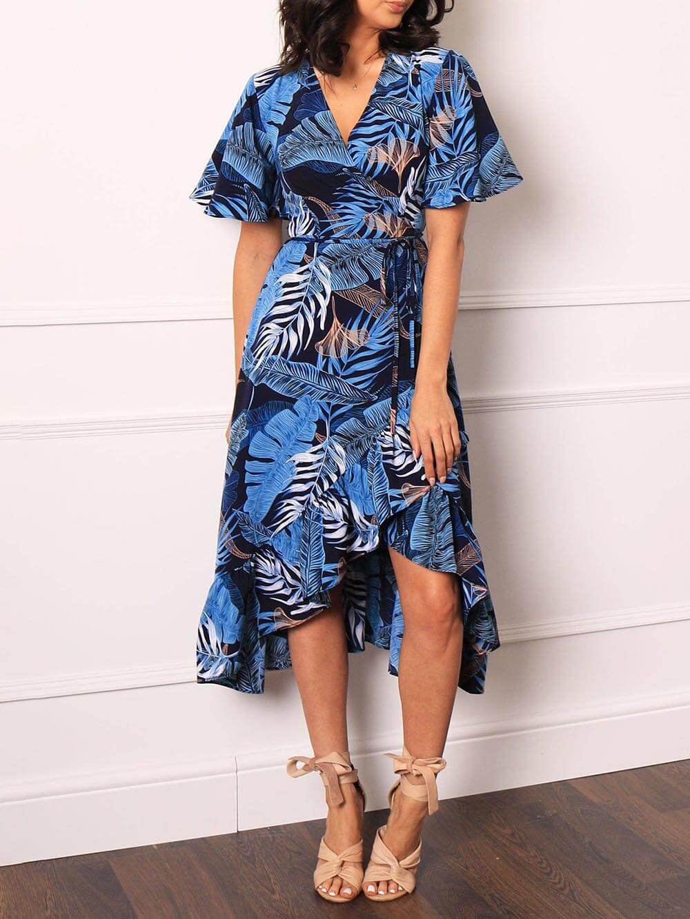 Palm Leaf Print Wrap Over Midi Dress - Fashionpara