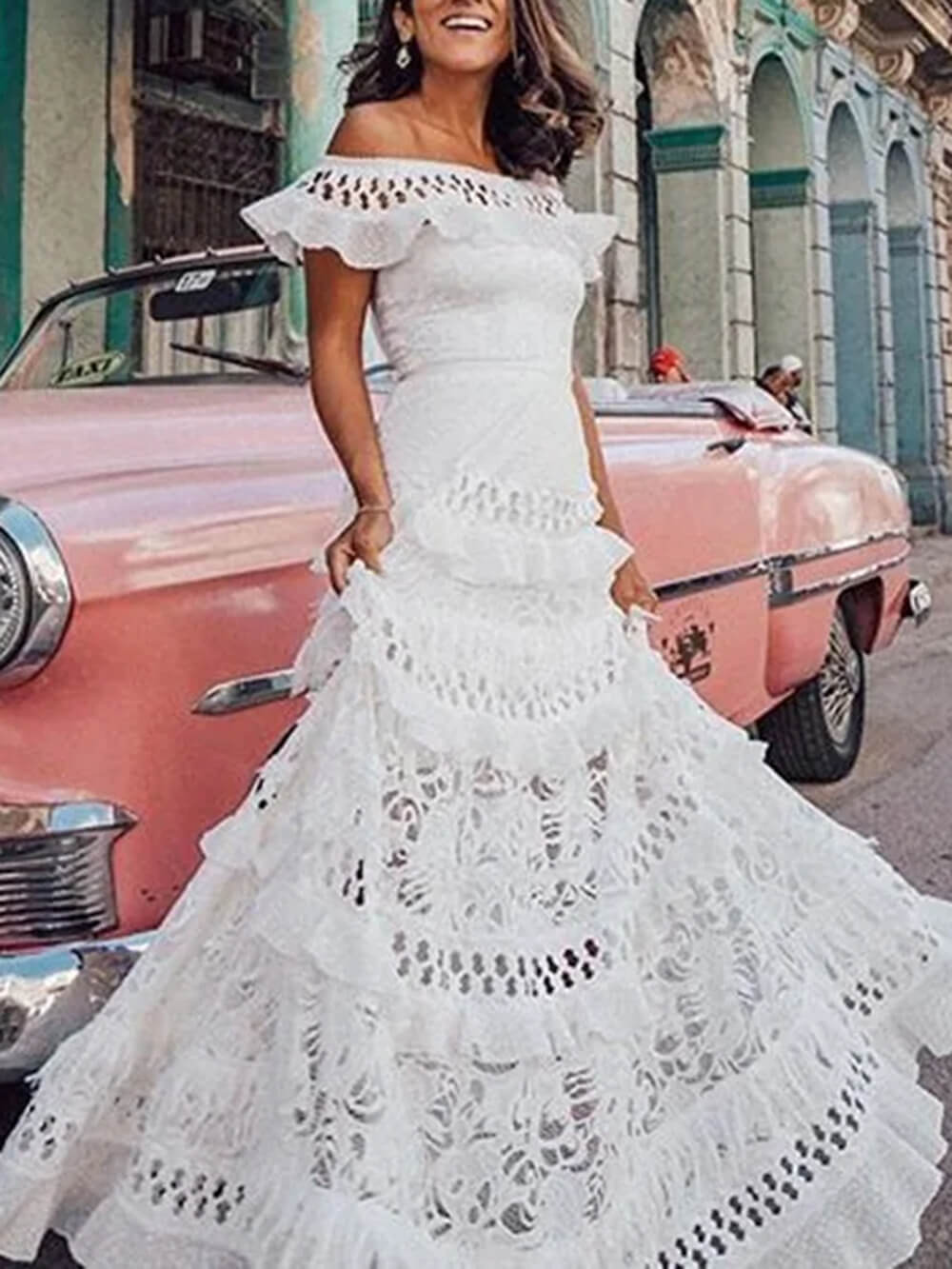 One-Shoulder Ruffled Hollow Swing Lace Patchwork Long Dress - Fashionpara
