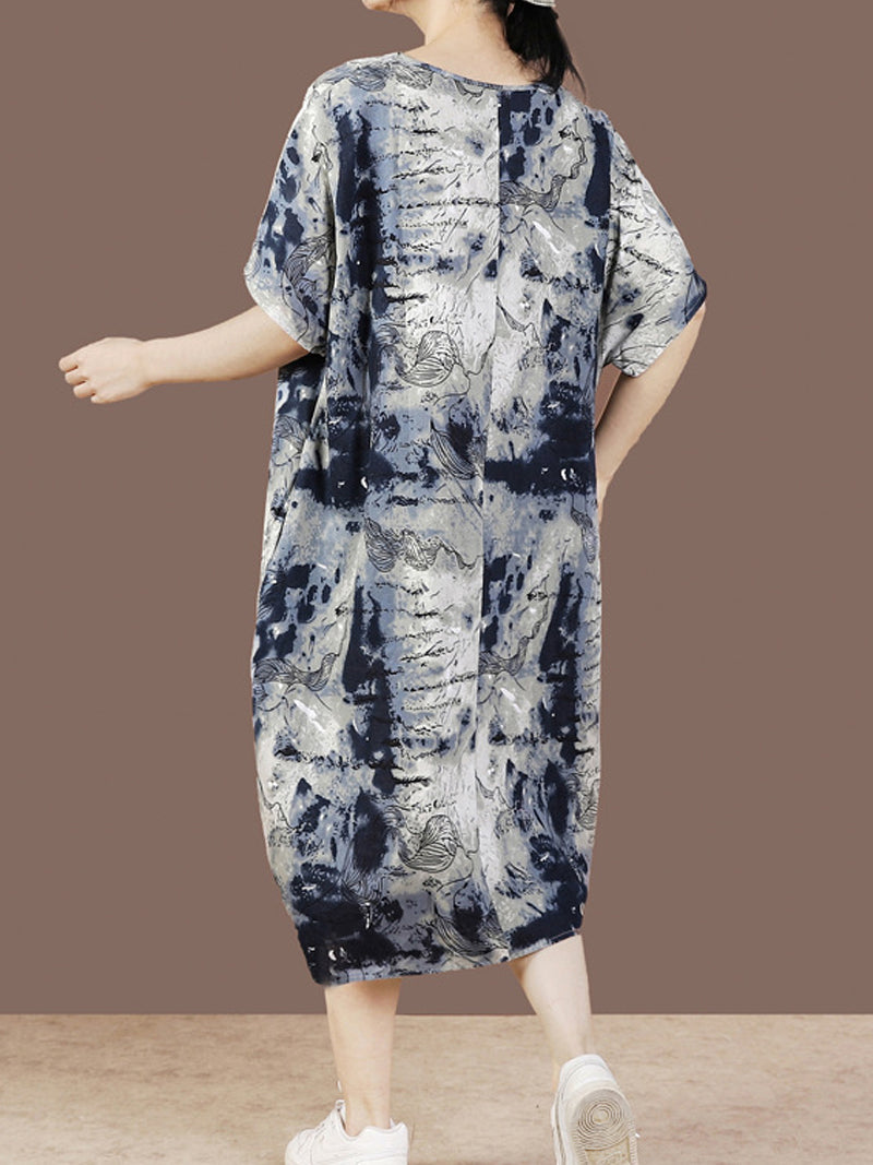 Ink-Print V-Neck Short-Sleeve Cocoon Midi Dress 2