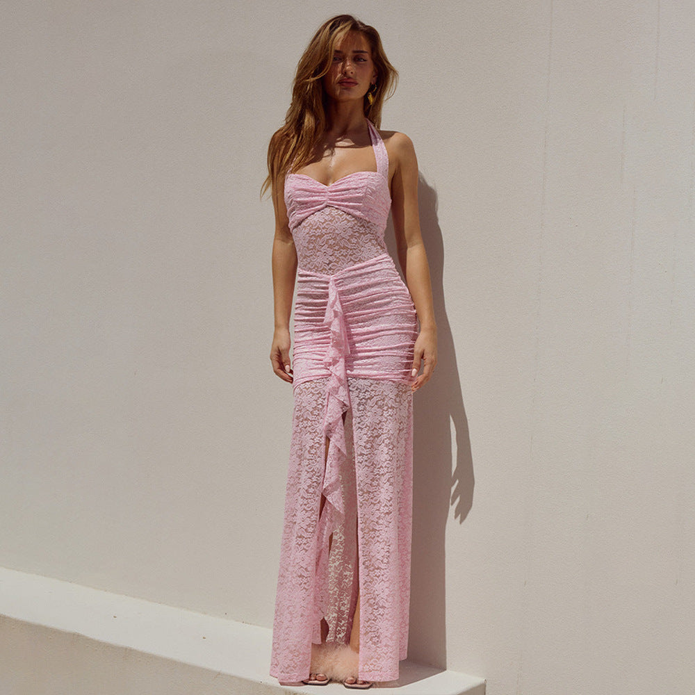 Floral Lace Halter Sweetheart Ruched Slit Maxi Dress