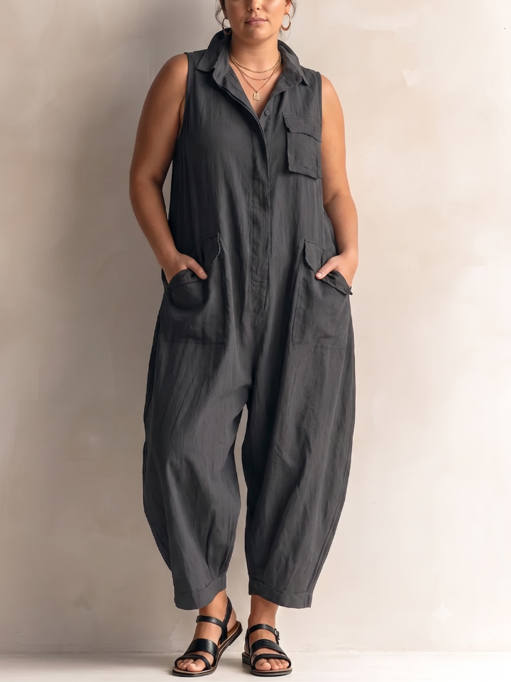 Collared Sleeveless Patch Pocket Wide Leg Jumpsuit 2