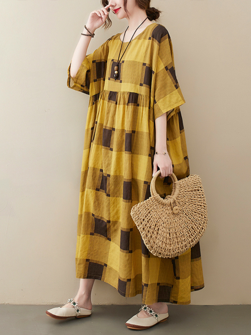 Plaid Round Neck Short Sleeve Oversized Smock Maxi Dress - View 4