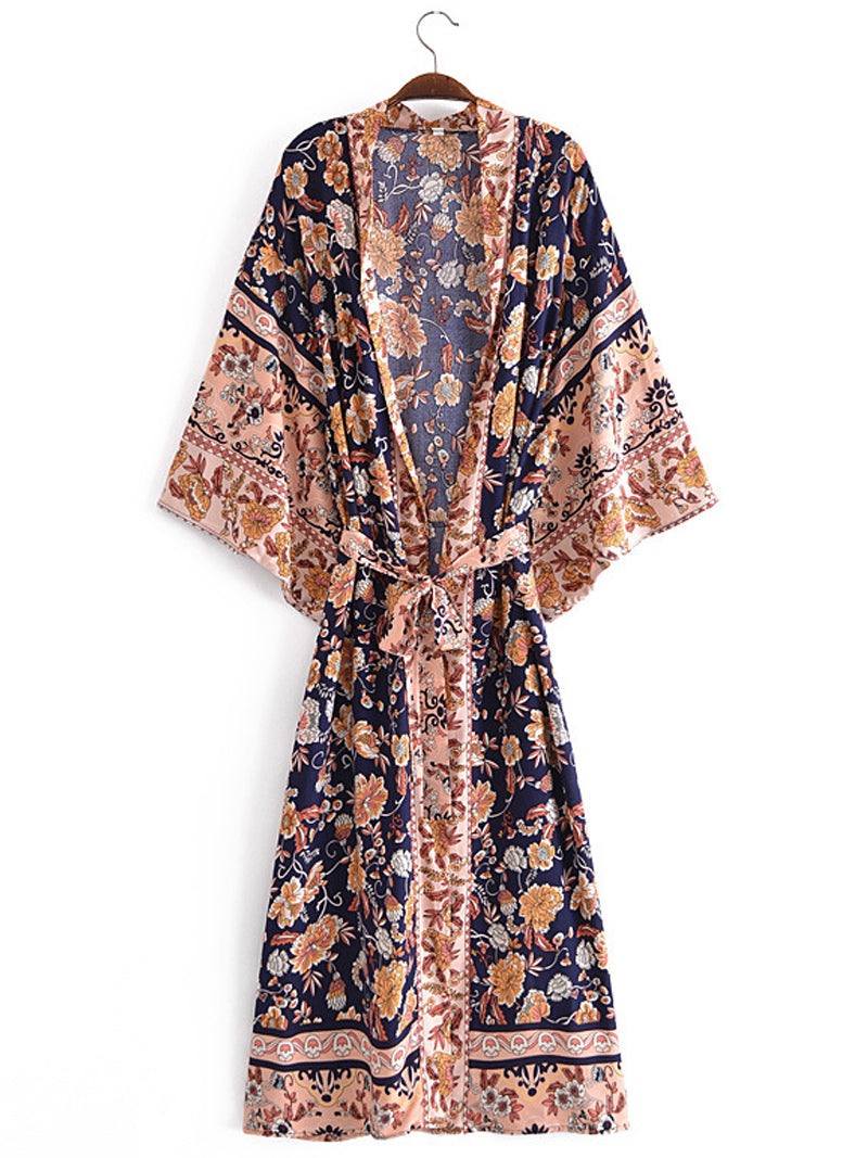 Beachwear Floral Print Black Color Cotton Long Length Gown Kimono Duster Robe - Fashionpara