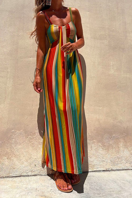 Spaghetti Strap Sleeveless Bow Design Colorful Striped Maxi Vacation Dress - Fashionpara