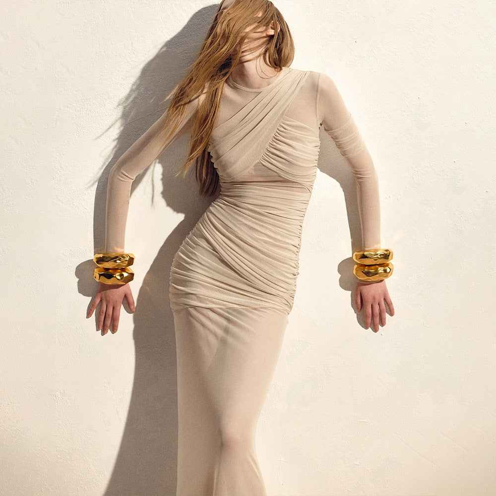 Mesh Long Sleeve Ruched Crew Neck Bodycon Maxi Gown