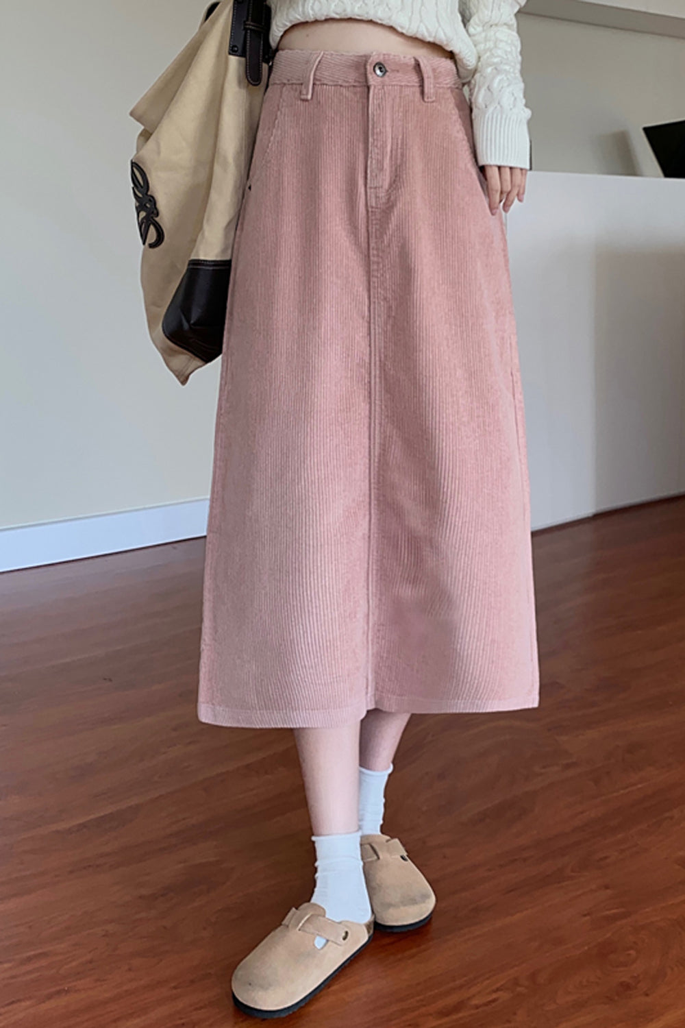 High Waist A-Line Corduroy Long Skirts - Fashionpara