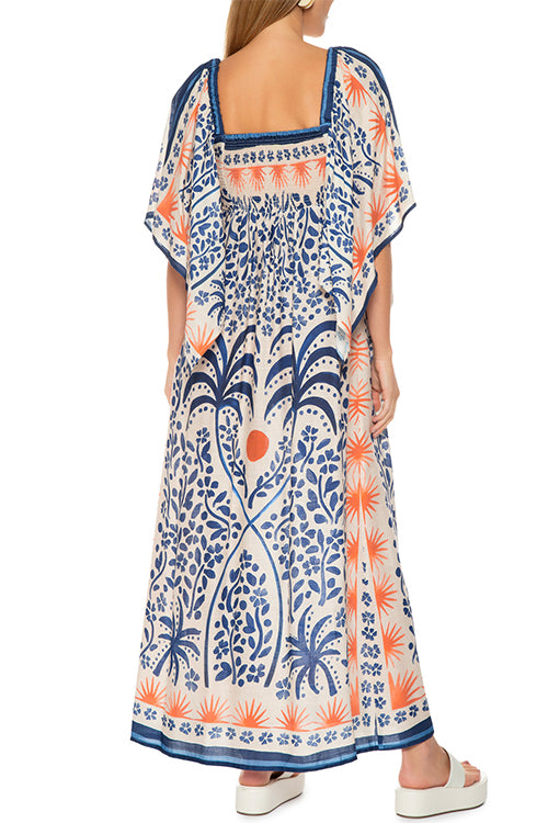 Square Collar Flutter Sleeves Printed Maxi Vacation Dress - Fashionpara