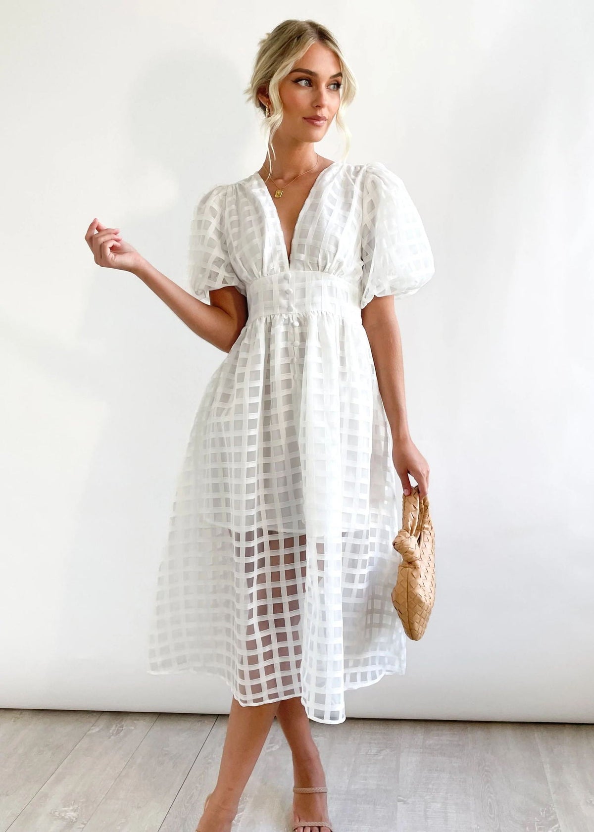 Windowpane Organza V-Neck Puff Sleeve Button-Front Midi Dress