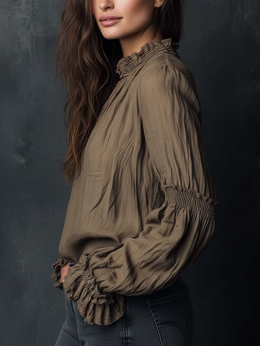 Boho Ruffled Cuff Half-Zip Blouse