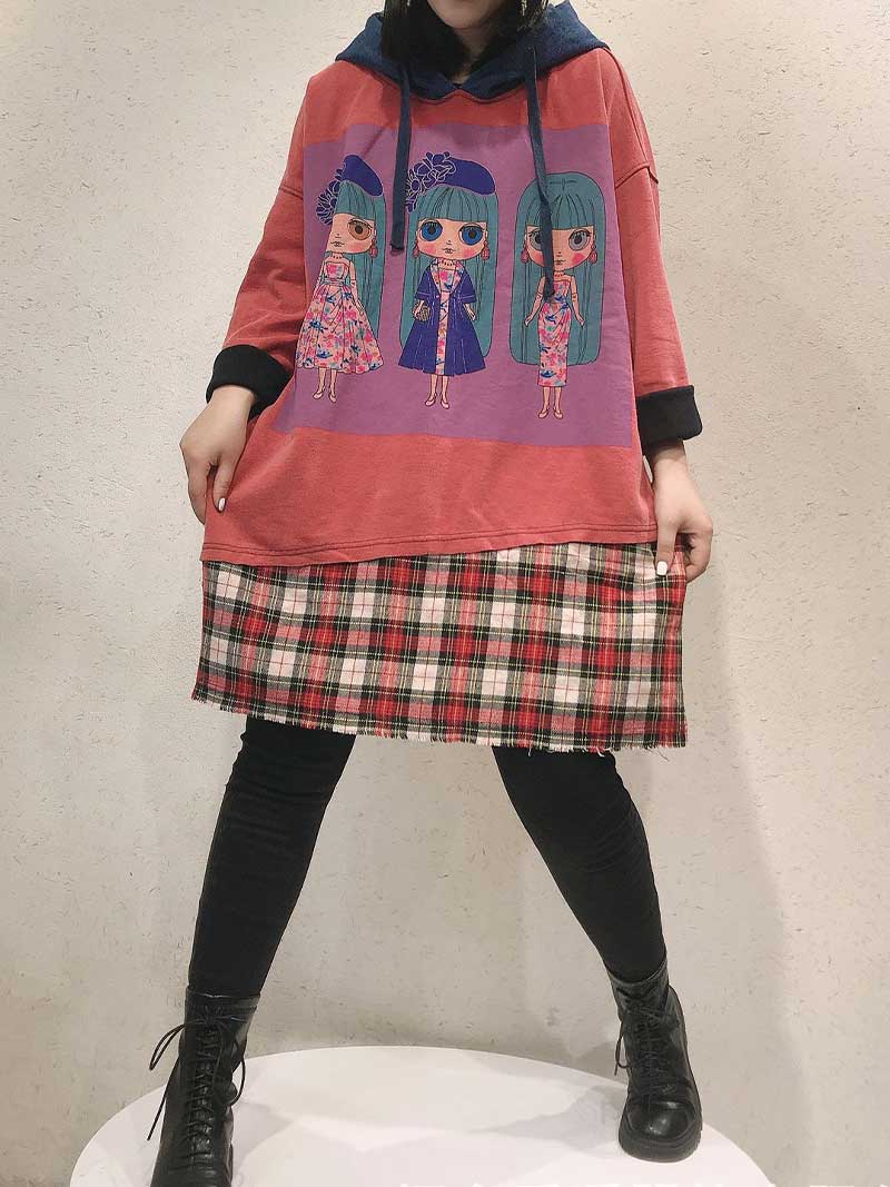 Doll Print Hooded Long Sleeve Plaid-Hem Sweatshirt Dress