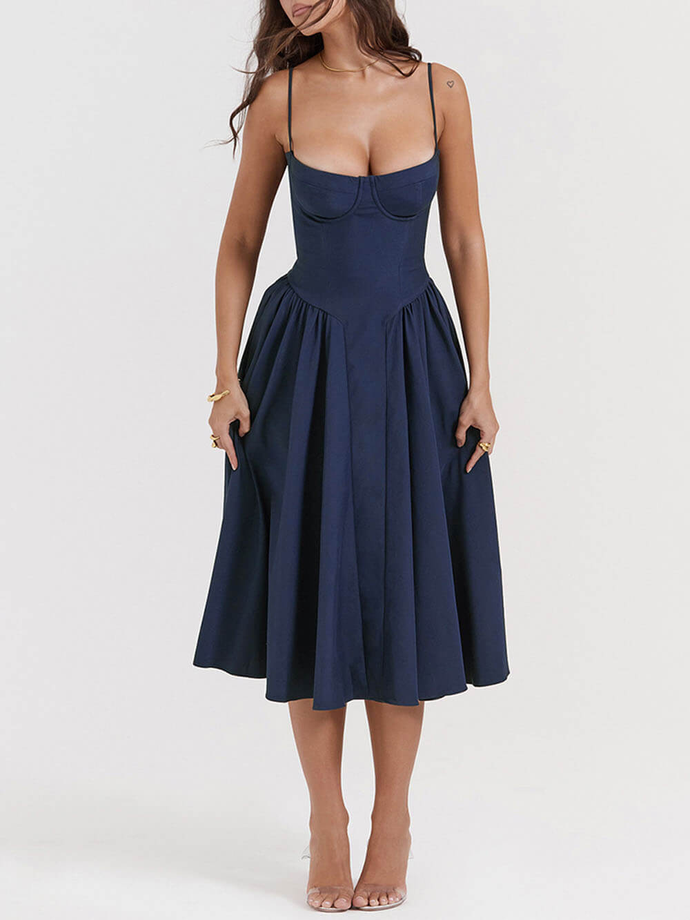 V-Neck Strapless Midi Dress - Fashionpara