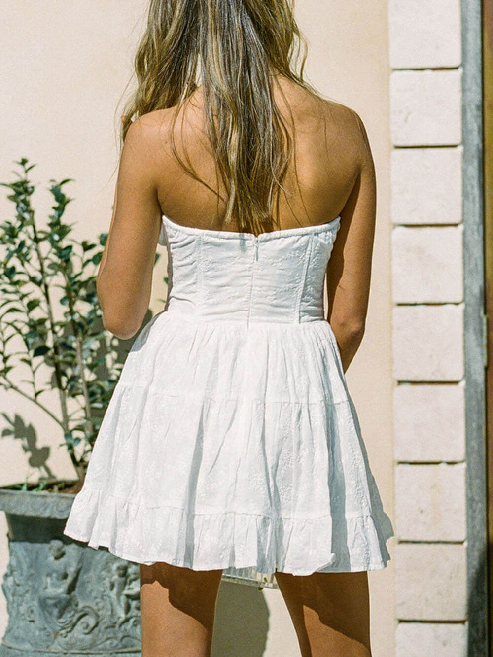 Broderie Strapless Corset Lace-Up Tiered Mini Dress