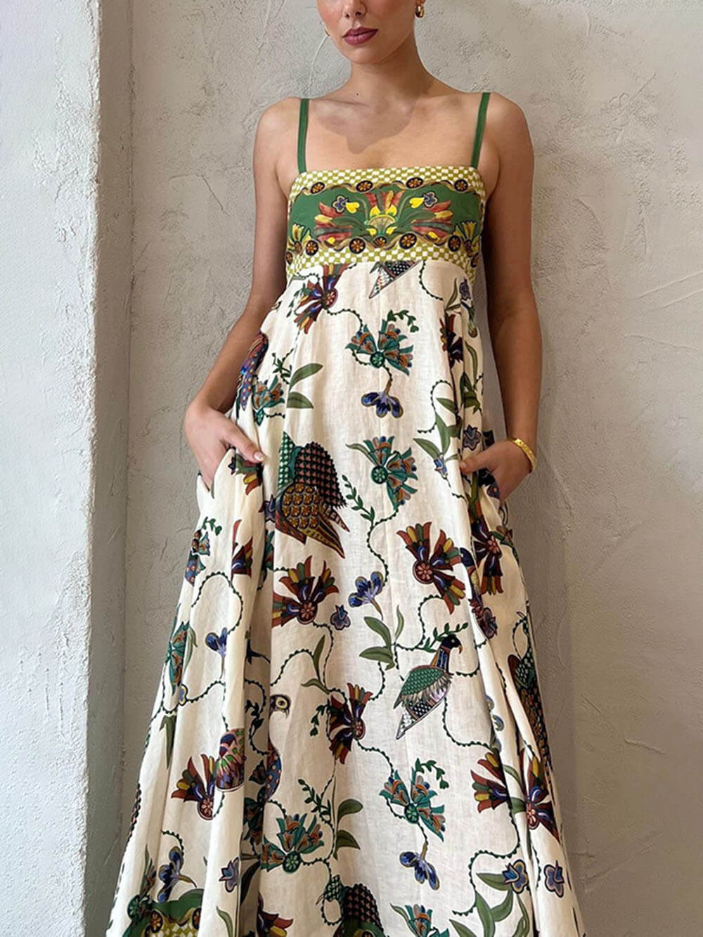 Printed Square Neck Spaghetti Strap A-Line Maxi Dress 2